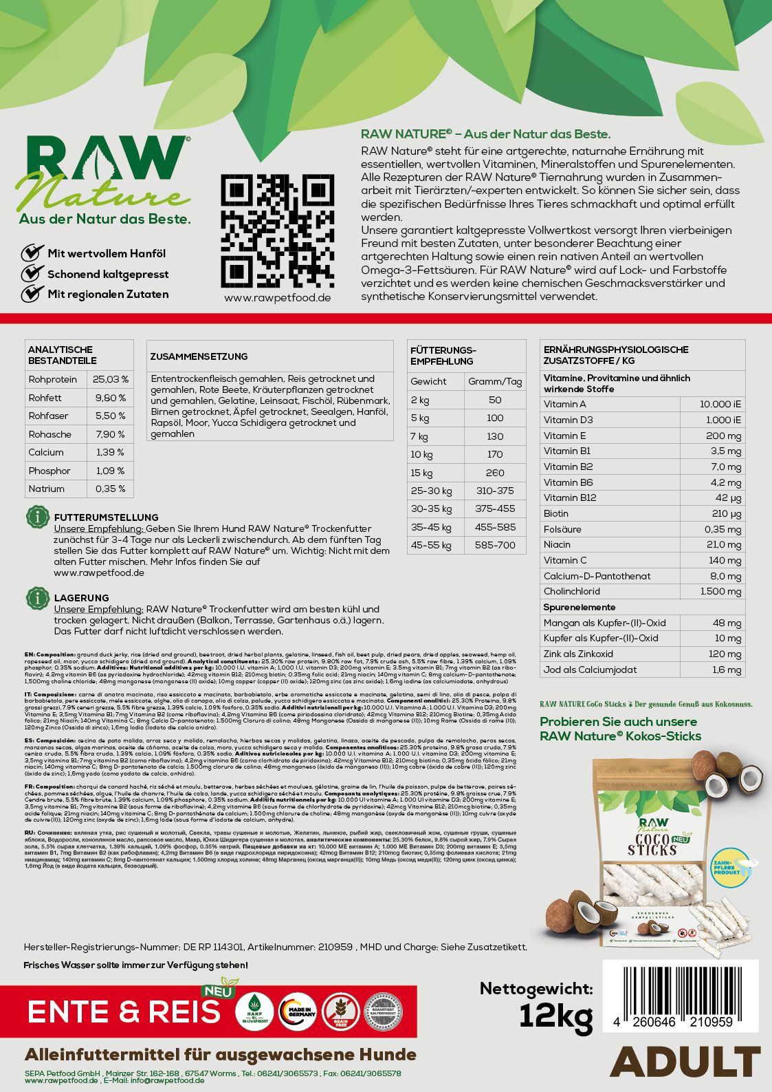 RAW Nature kaltgepresstes Trockenfutter ADULT Ente Pur
