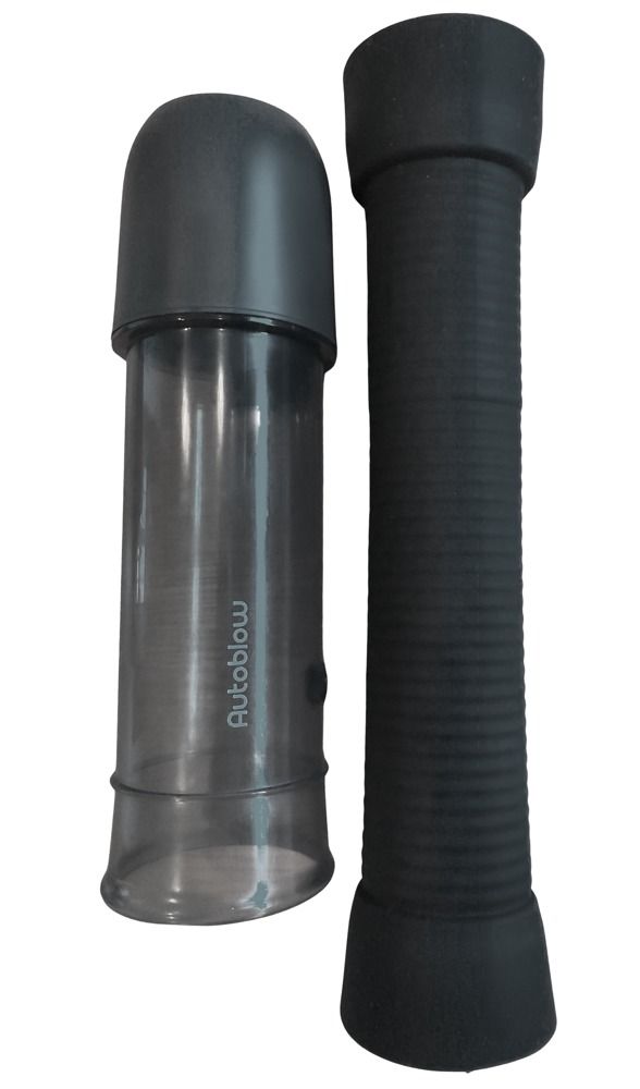 Zwei Teile: Zylinder mit transparentem Gehäuse und schwarzem Deckel, daneben ein schwarzer, geriffelter Zylinder.