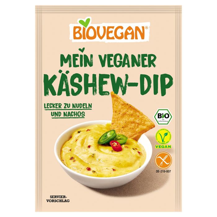 Verpackung mit Biovegan Mein Veganer Käshew-Dip. Aufschrift: Lecker zu Nudeln und Nachos. Mit Bio, Vegan und glutenfrei Siegeln.