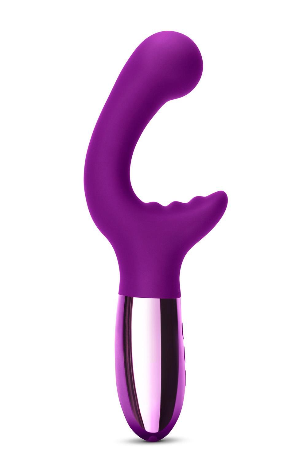 Lila Vibrator mit gebogener Form, silberfarbenem Sockel und drei Knöpfen. Oberteil mit abgerundeter Spitze.