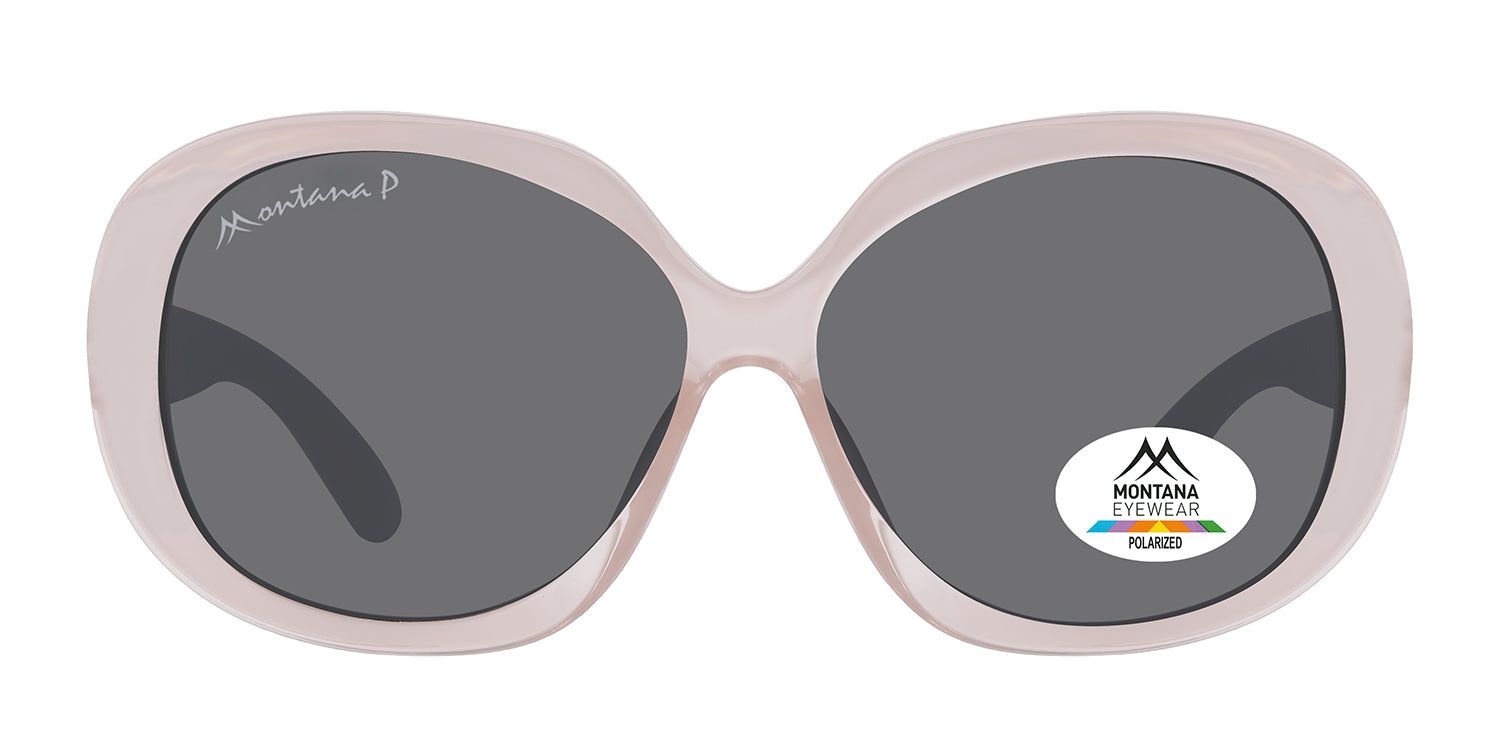 Sonnenbrille mit hellrosa Rahmen und grauen Gläsern. Montana Eyewear Logo und Polarisations-Zertifizierung auf dem Glas.