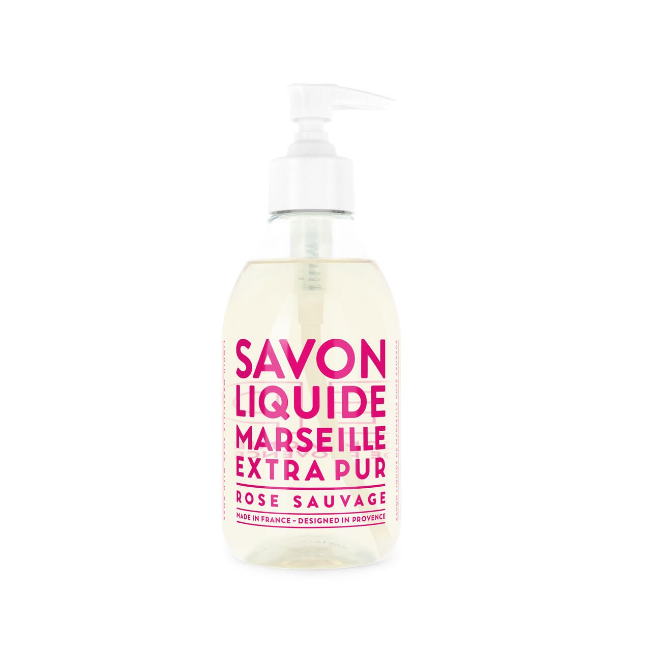Transparente Flüssigseife mit rosa Schriftzug. "SAVON LIQUIDE MARSEILLE EXTRA PUR ROSE SAUVAGE". Mit Spender.