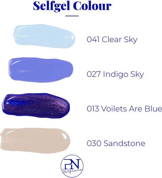 Farbproben PN Selfgel. Farben: 041 Clear Sky, 027 Indigo Dye, 013 Voilets Are Blue, 030 Sandstone. Logo PN Selfcare.