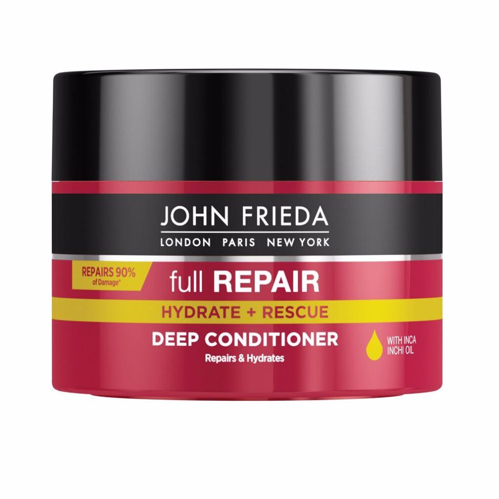 Roter Tiegel mit schwarzem Deckel. Aufschrift: John Frieda, full Repair, Hydrate + Rescue, Deep Conditioner. Gelbe Akzente.