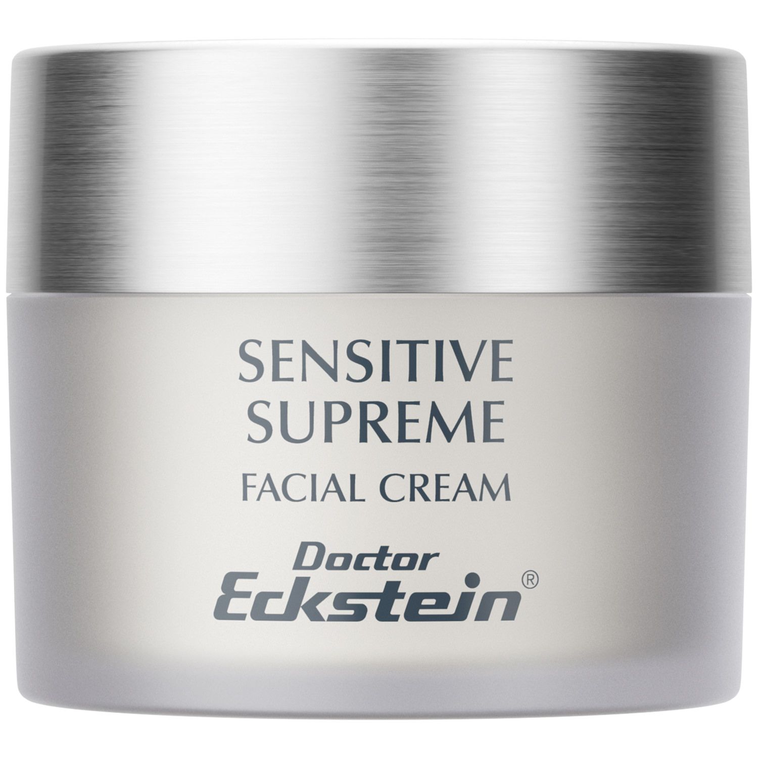 Cremebehälter mit silberfarbenem Deckel. Aufschrift: SENSITIVE SUPREME FACIAL CREAM. Darunter: Doctor Eckstein.