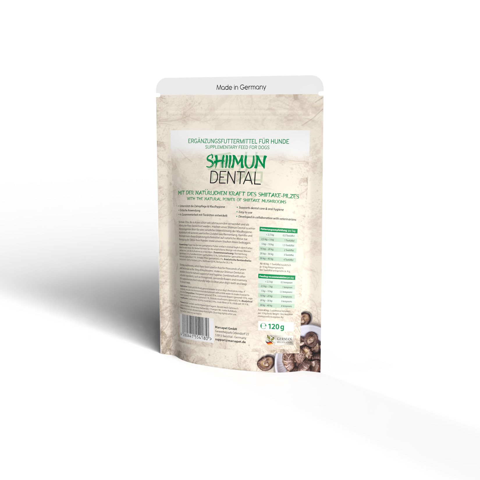 Rückseite eines Beutels Shiimun Dental Pulver. Text und Informationen zur Ergänzung. Hergestellt in Deutschland. Gewicht: 120g.