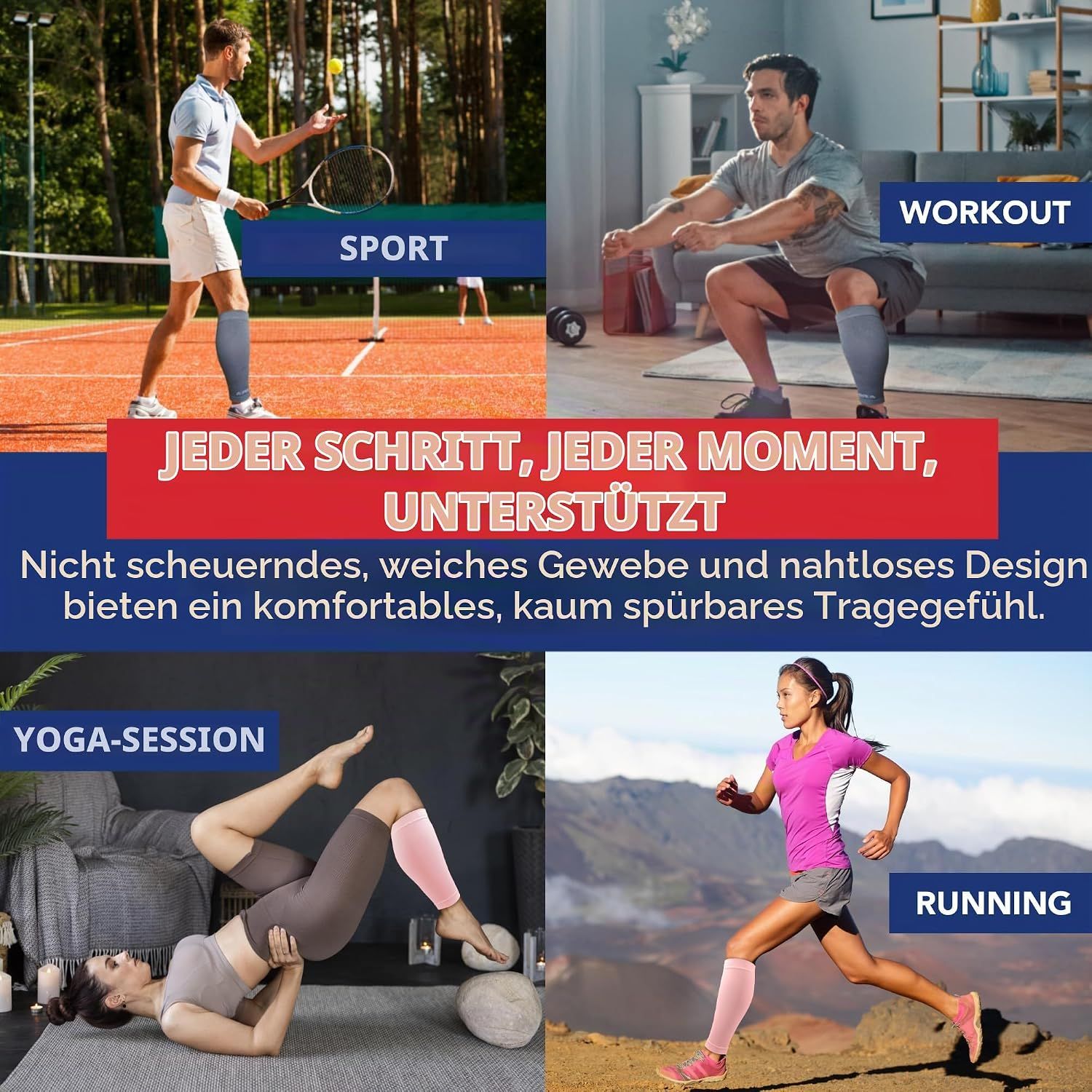 Vier Szenen: Sport, Workout, Yoga, Laufen mit Kompressionsstrümpfen.