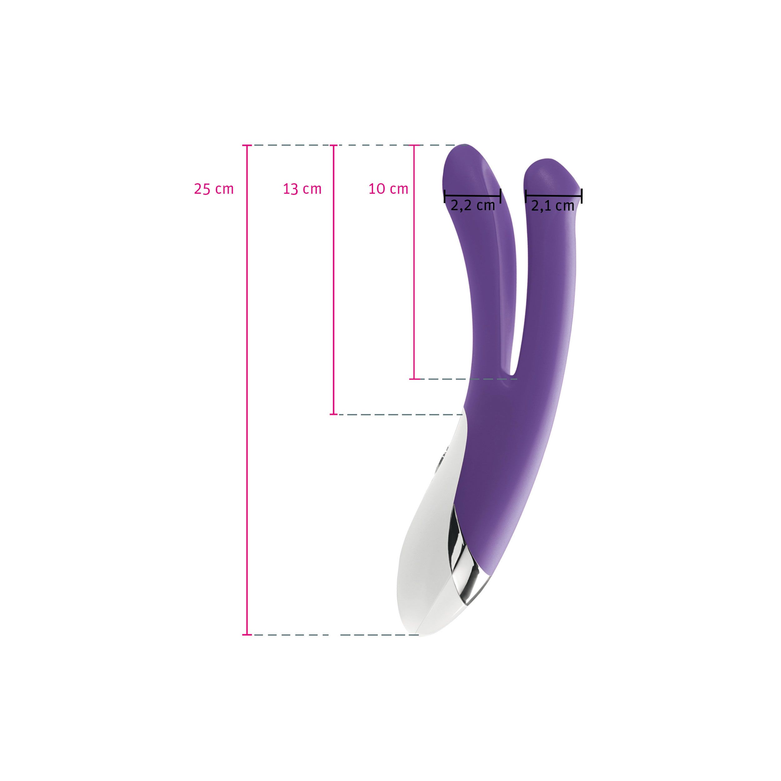Lila Vibrator mit zwei Armen. Abmessungen: 25 cm hoch, 13 cm breit, Arme 2,2 cm breit.