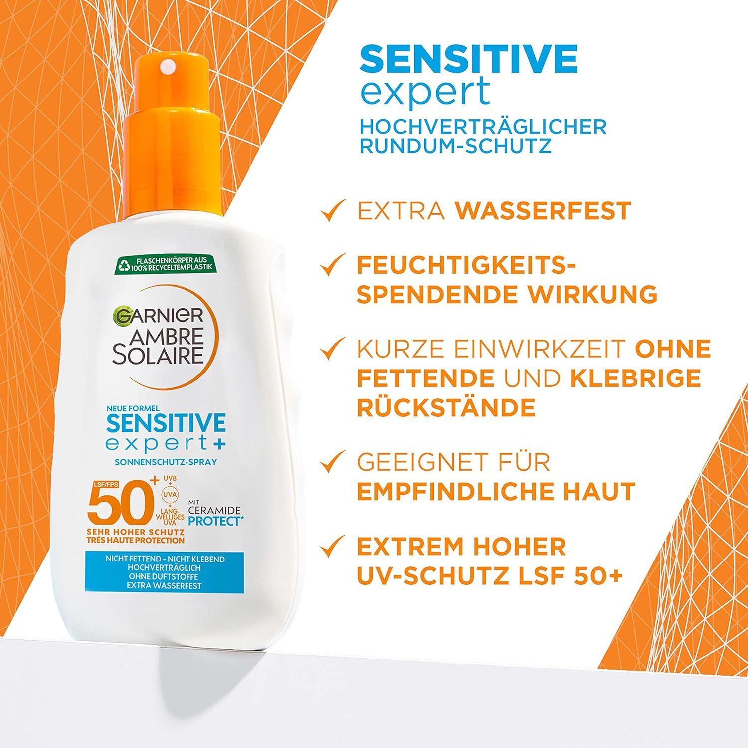 Sonnenschutzspray mit LSF 50+. Weißes Flasche mit orangefarbenem Sprühkopf. Text: Sensitive Expert, Extra wasserfest, feuchtigkeitsspendend, für empfindliche Haut.