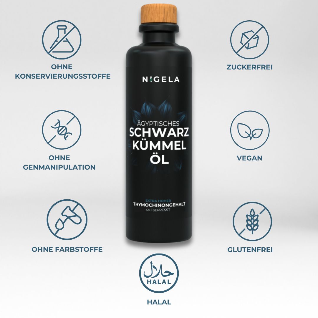Schwarzkümmelöl-Flasche mit Symbolen: Ohne Konservierungsstoffe, Zuckerfrei, Vegan, Glutenfrei, Halal.