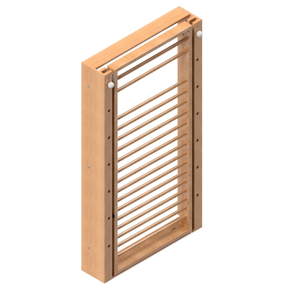 Geschlossene Sprossenwand. Holzrahmen mit Sprossen. Wandmontage. Kompakte, rechteckige Form.