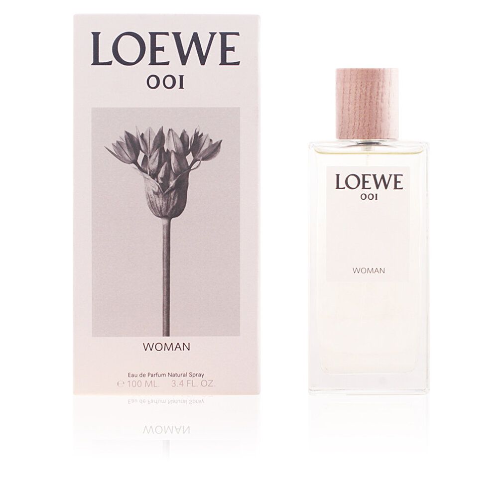 Parfümflakon und Verpackung. Flakon rechteckig, transparent. Verpackung weiß mit floralem Motiv und Schriftzug LOEWE 001 WOMAN.