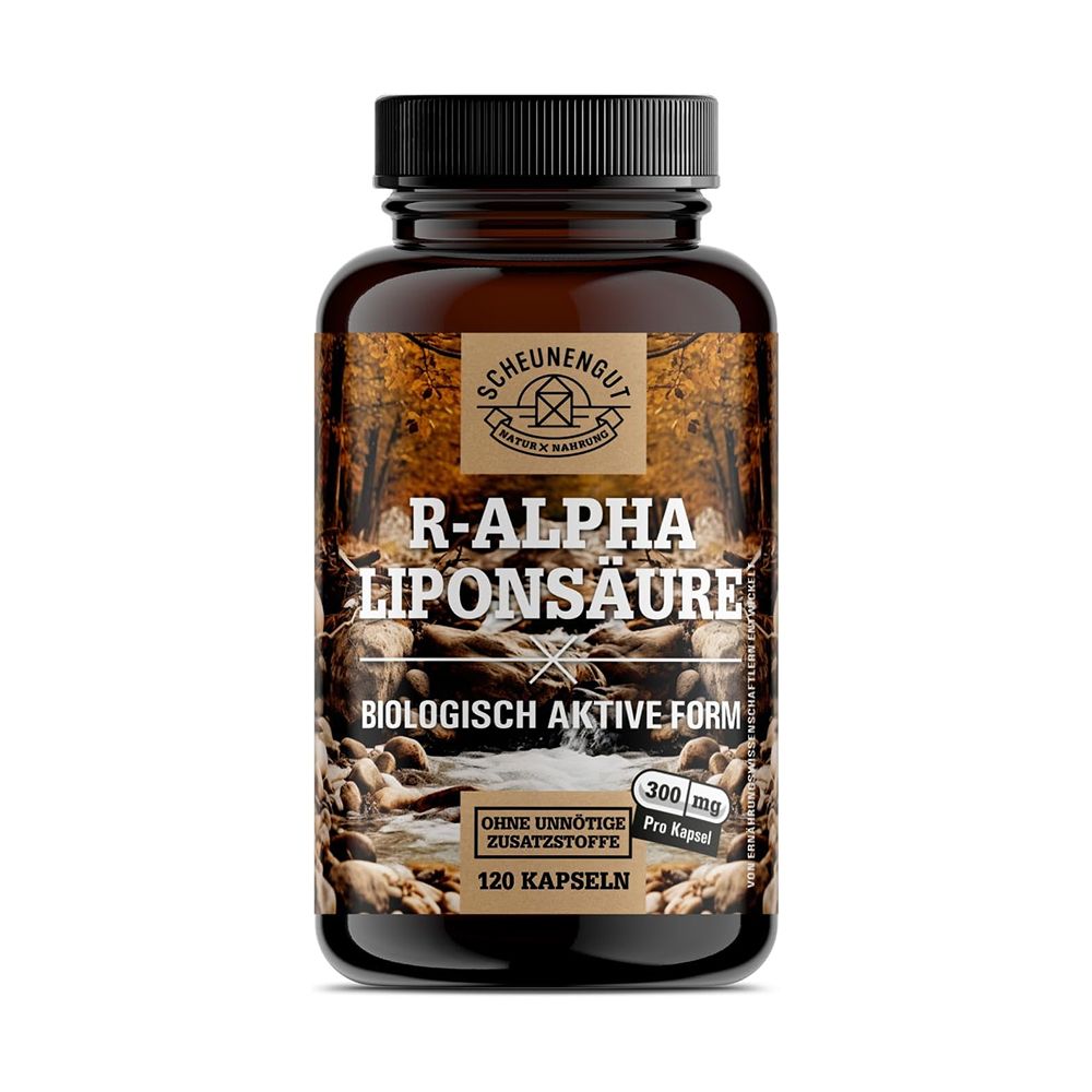 Braune Glasflasche mit R-Alpha-Liponsäure, 120 Kapseln, 300 mg pro Kapsel.