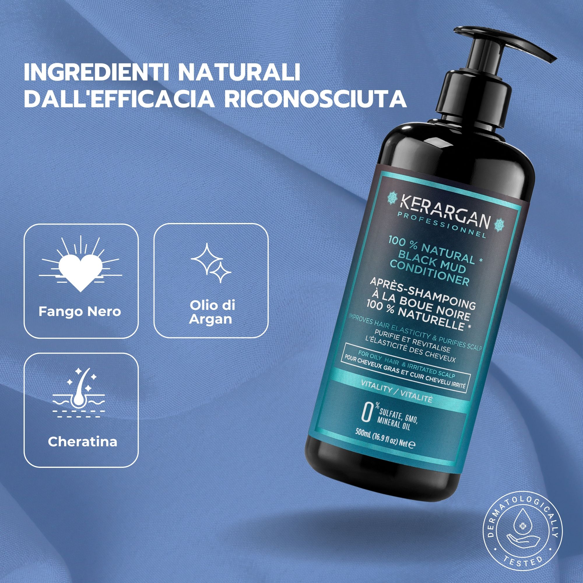 Flacone nero con dosatore. Scritto: Kerargan, 100% Natural Black Mud Conditioner. Per capelli grassi e cuoio capelluto irritato.
