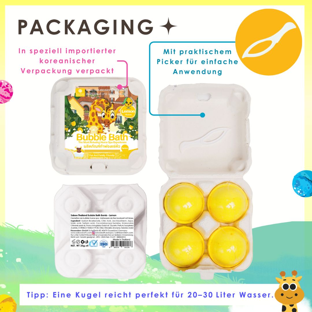 Verpackung mit Badebomben. Text: Bubble Bath. Vier gelbe Badebomben. Text: Saboo. Mit praktischem Picker.