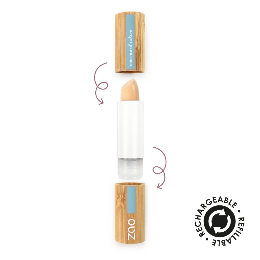 Konzentrierter Concealer-Stick. Bambus-Hülse, hellbeige Mine. Zerlegt dargestellt, mit Pfeilen für den Austausch.