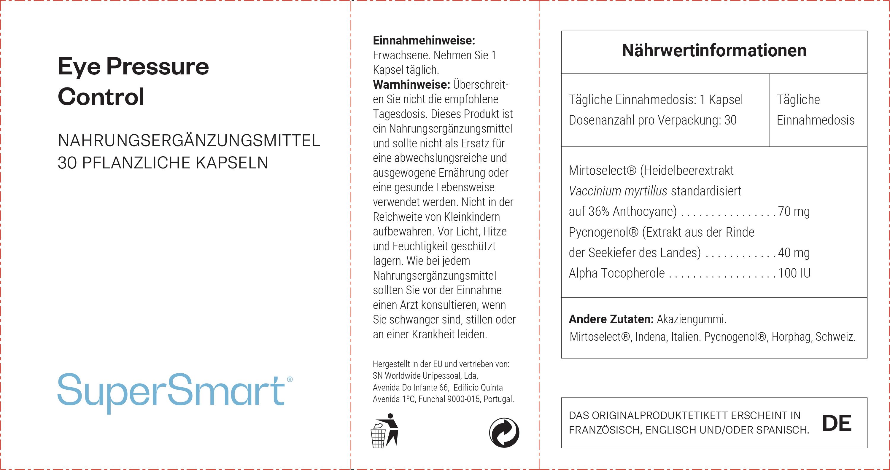 Ausgeklappte Verpackung. Informationen zu Inhaltsstoffen und Dosierung. Marke: SuperSmart.