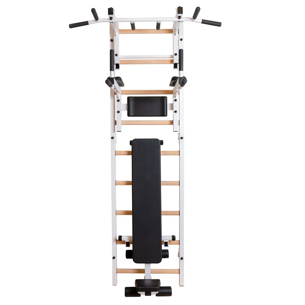 Fitness-System mit Sprossenwand, Klimmzugstange, Dip-Barren und Trainingsbank. Holz- und Metallkonstruktion, schwarz-weiß.