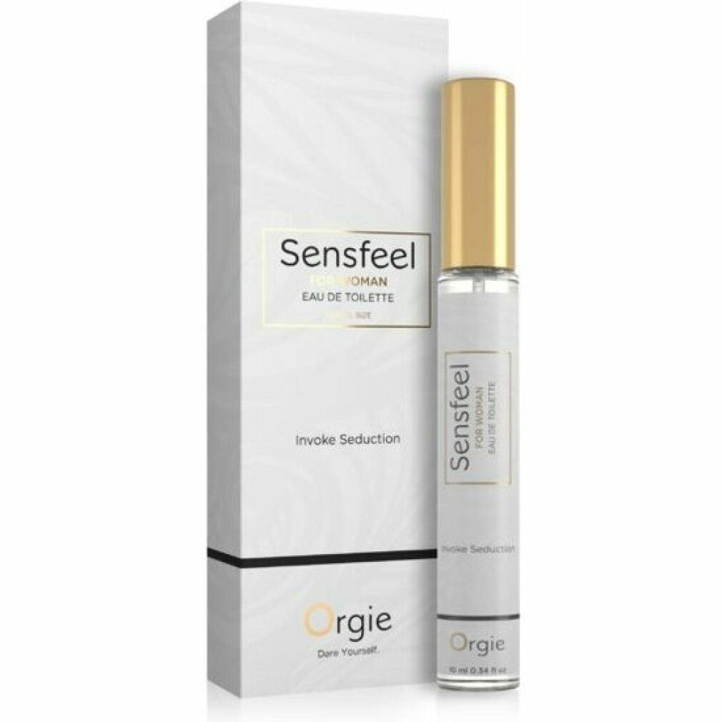 Parfümflasche und Verpackung. Aufschrift: Sensfeel, Eau de Toilette, Orgie. Goldfarbener Deckel.