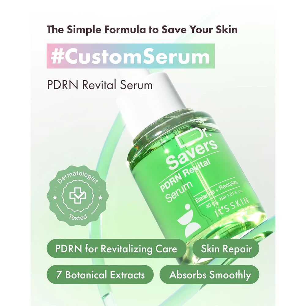 Grüne Glasflasche mit Dr. Savers PDRN Revital Serum, 30 ml. Dermatologisch getestet.