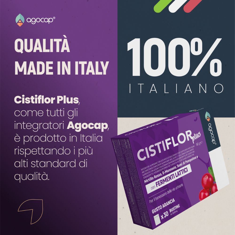 Confezione del prodotto. Testo: Qualità Made in Italy. 100% italiano. Agocap Cistiflor plus.