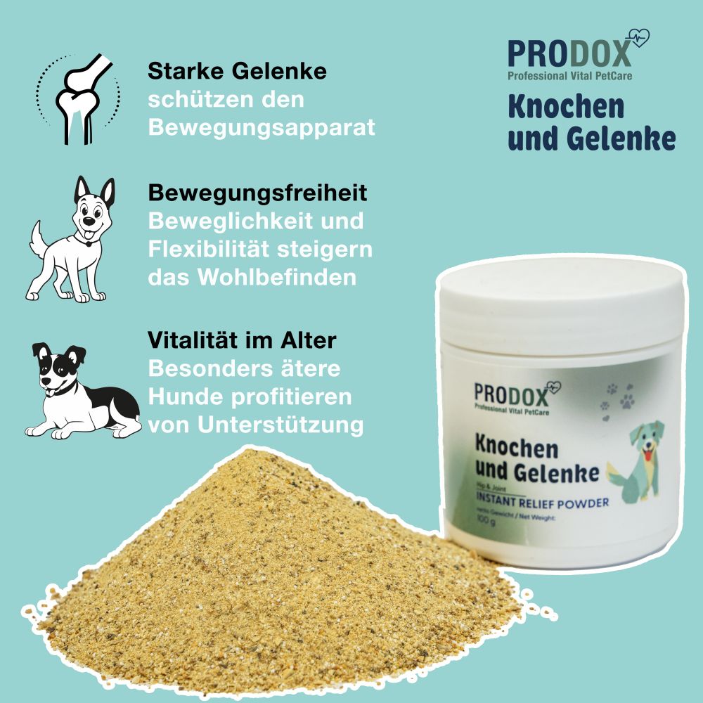 PRODOX Knochen und Gelenke Pulver und Haufen. Weißer Behälter mit blauer Schrift und Hund-Illustration. Text und Illustrationen.