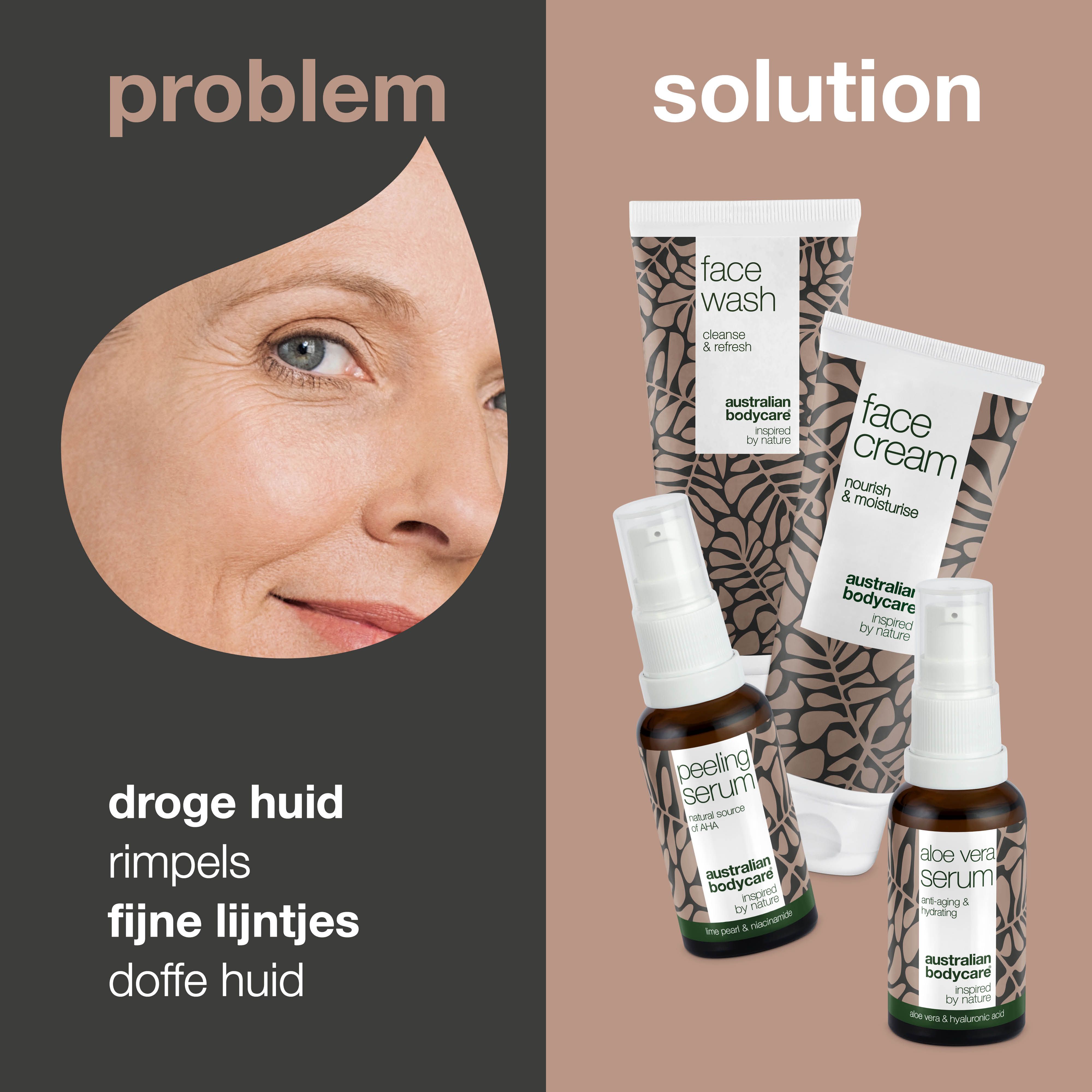 Gezicht met rimpels. Daarnaast producten van Australian Bodycare: Face Wash, Face Cream, Peeling Serum, Aloe Vera Serum.