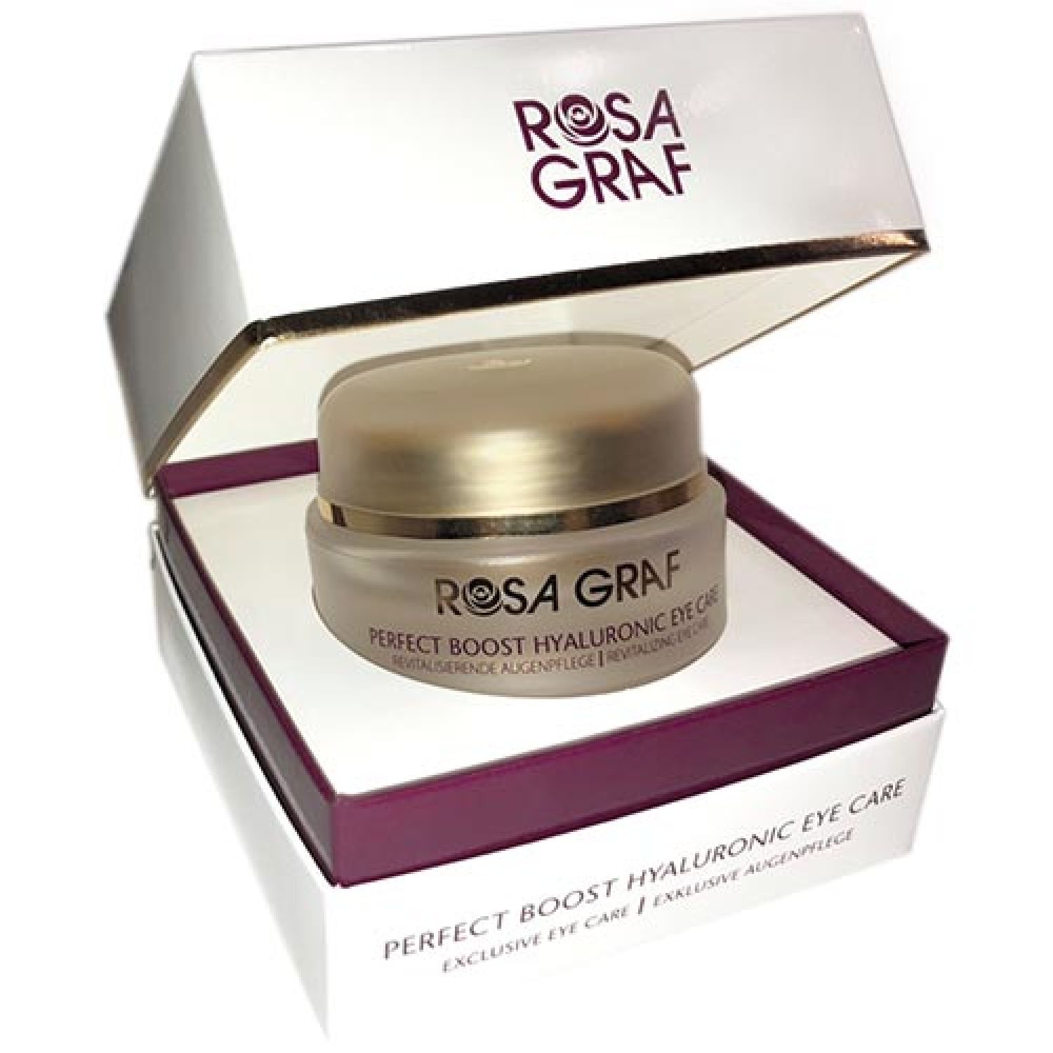 Creme-Glas in geöffneter Verpackung. Aufschrift: Rosa Graf, Perfect Boost Hyaluronic Eye Care. Verpackung weiß mit goldener Linie.