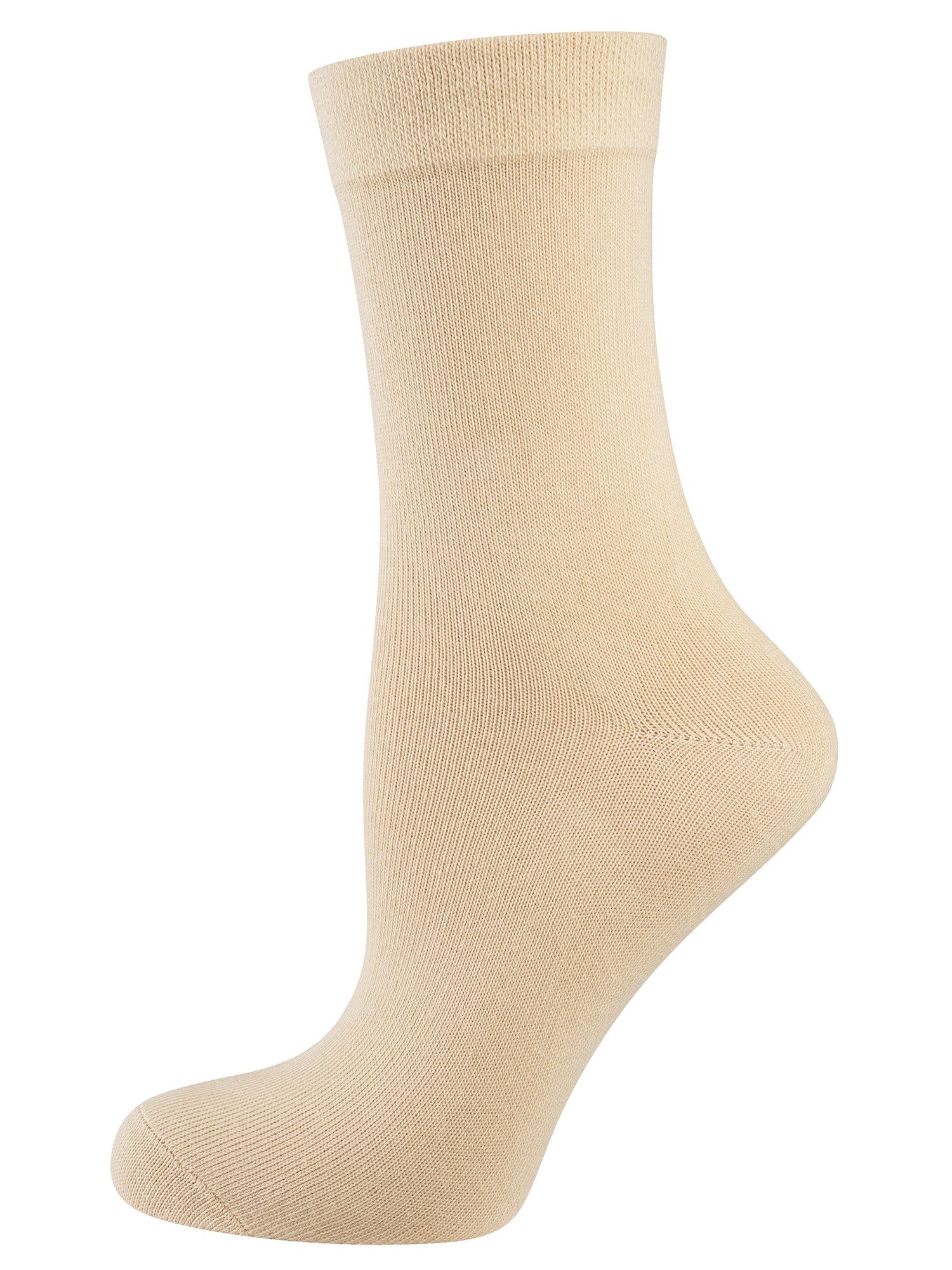 Beige Socke. Geripptes Material. Komfortbund. Blick von der Seite auf einen Fuß.