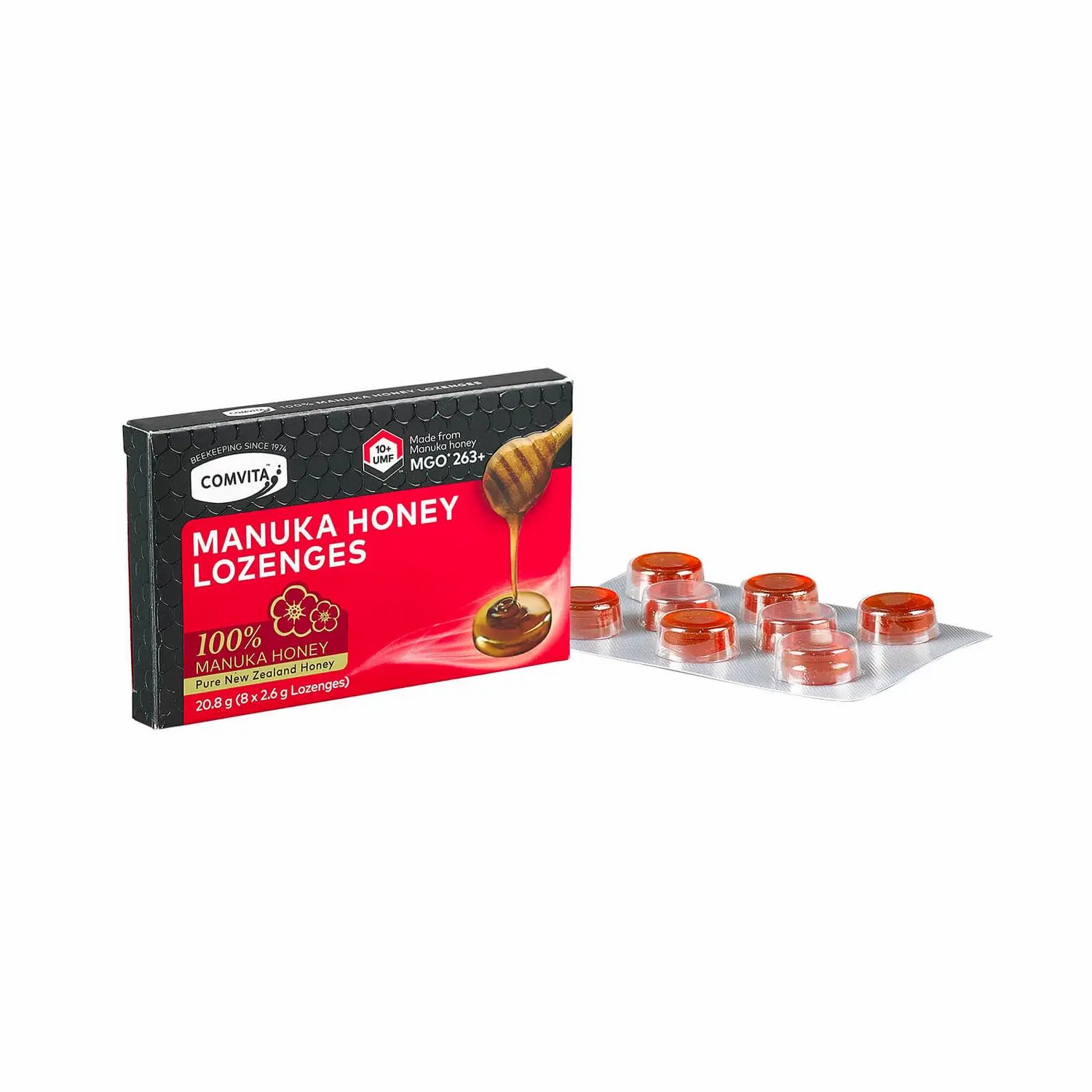Schachtel und Blisterpackung mit Lutschtabletten. Aufschrift: Comvita Manuka Honey Lozenges, UMF®10+.