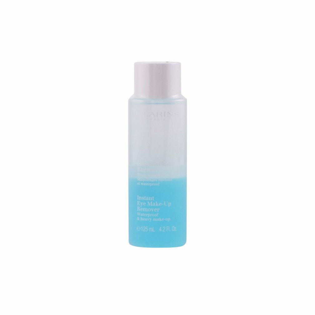 Clarins Instant Eye Make-Up Remover. Flasche mit blauem Inhalt und weißem Deckel. Text und Volumenangabe.