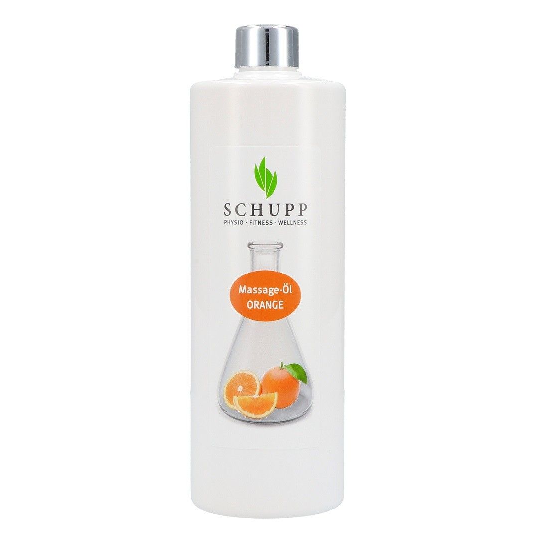 Weiße Flasche mit silbernem Deckel. Aufdruck: Schupp Massage-Öl Orange. Abbildung von Orangen.