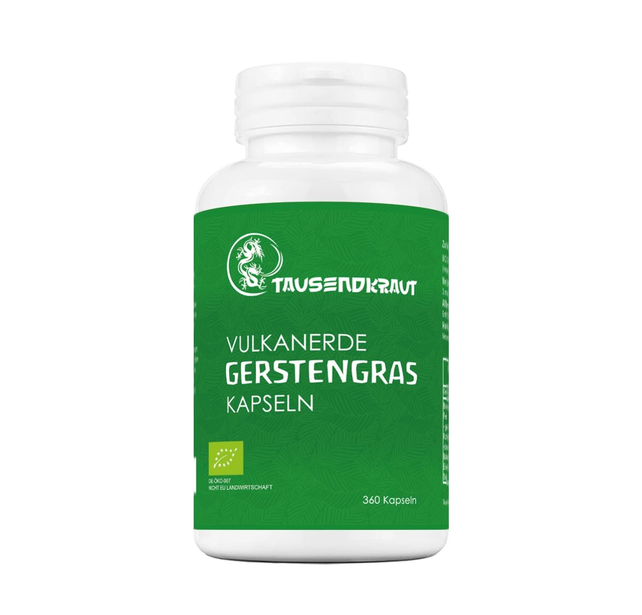 Weiße Flasche mit grünem Etikett. Aufschrift: Tausendkraut Gerstengras Kapseln. BIO-Siegel. 360 Kapseln.