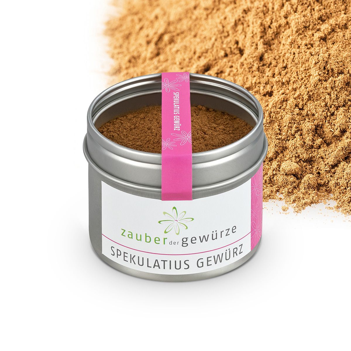 Geöffnete Dose Spekulatius Gewürz. Rosa Band mit Aufschrift. Weißes Etikett mit Logo und Produktname. Gewürz daneben.