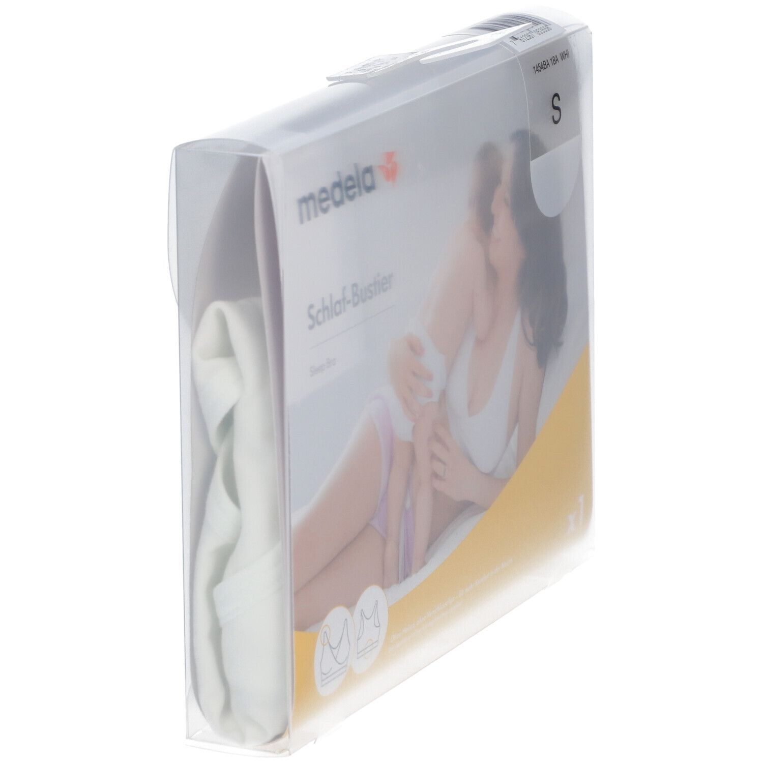 Verpackung mit weißem Schlaf-Bustier, Größe S. Produkt in transparenter Verpackung. Aufdruck: medela, Schlaf-Bustier.