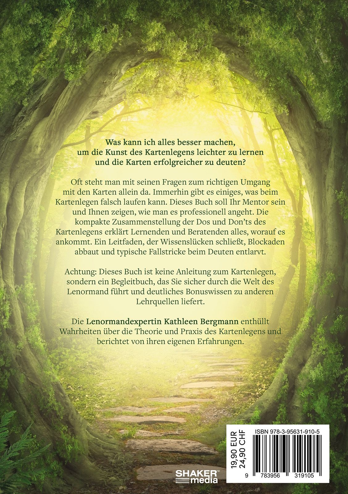 Buchrückseite: Text und Preisangaben. Waldweg-Illustration. Verlag: Shaker media.