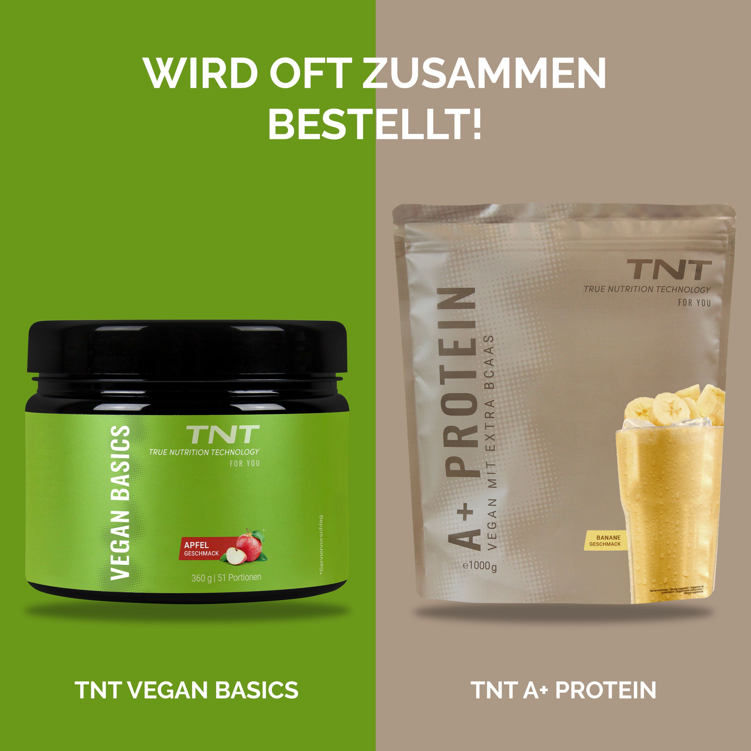 TNT Vegan Basics Dose neben A+ Protein Beutel. Text: Wird oft zusammen bestellt! Bananenshake.