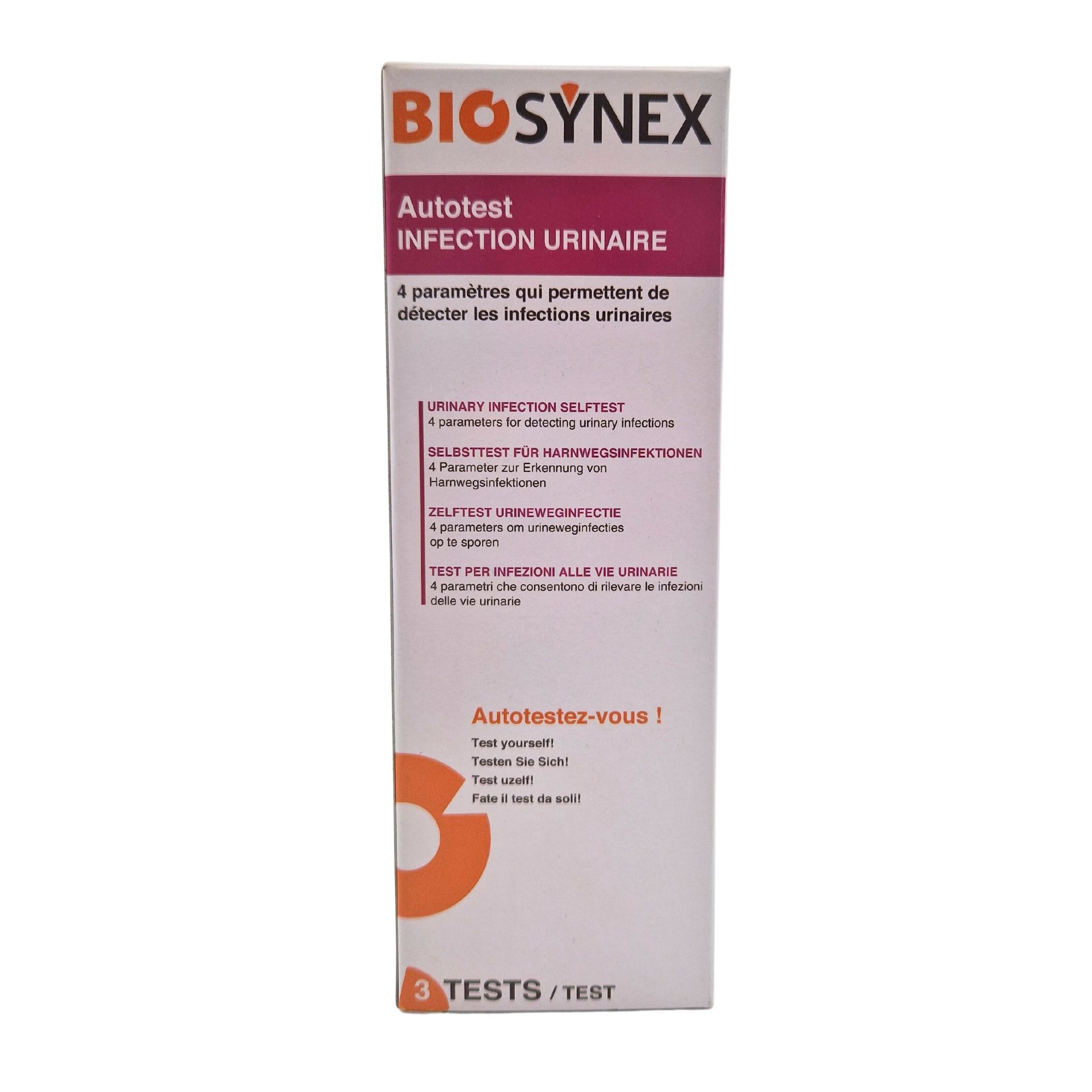 BIOSYNEX Autotest-Verpackung. Text: Harnwegsinfektion Selbsttest. Enthält 3 Tests. Mehrsprachiger Text.