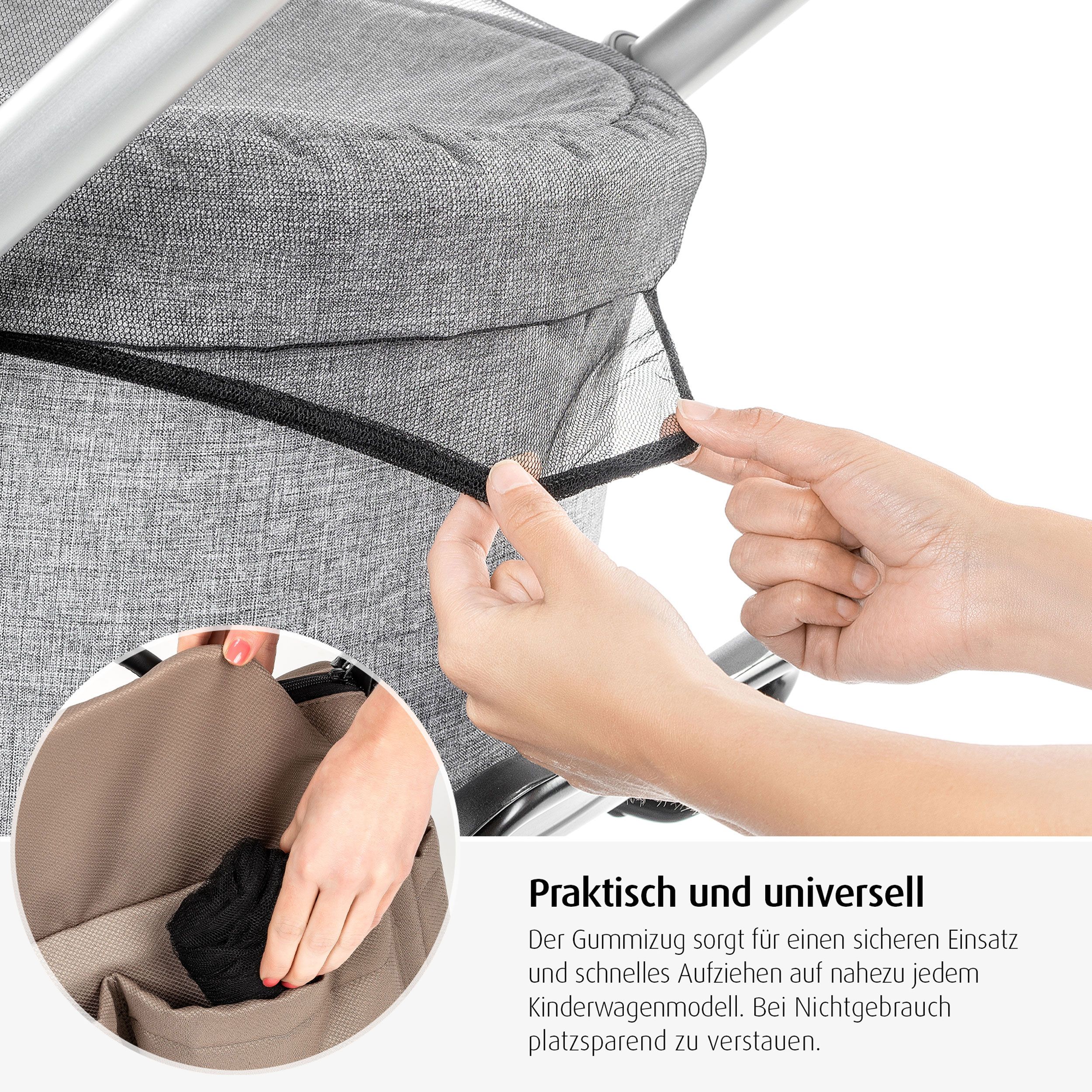 Nahaufnahme: Hand zieht Gummizug an Insektenschutz. Text: Praktisch und universell.