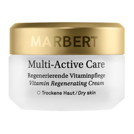 Creme-Tiegel mit goldfarbenem Deckel. Aufschrift MARBERT. Darunter: Multi-Active Care, Regenerierende Vitaminpflege, Vitamin Regenerating Cream, Trockene Haut/Dry skin.
