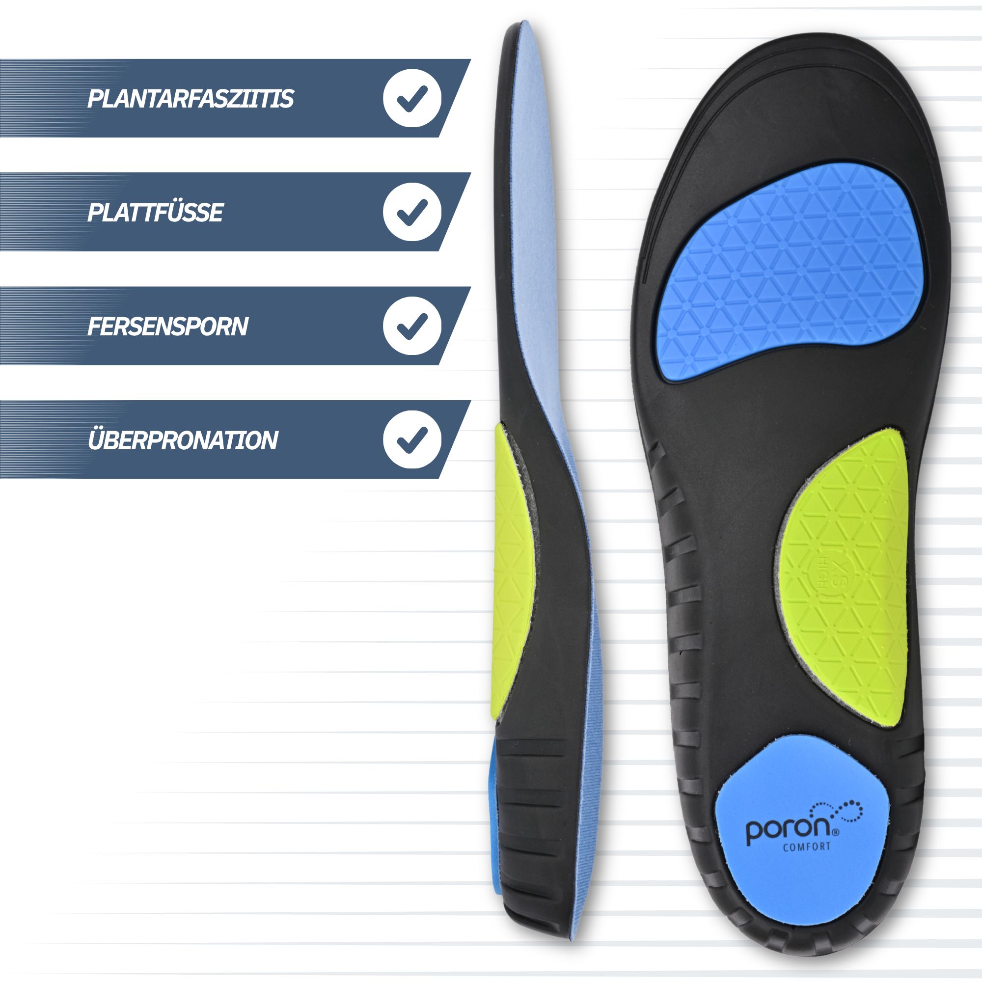 Einlegesohle zur Linderung von Plantarfasziitis, Plattfüßen, Fersensporn und Überpronation.