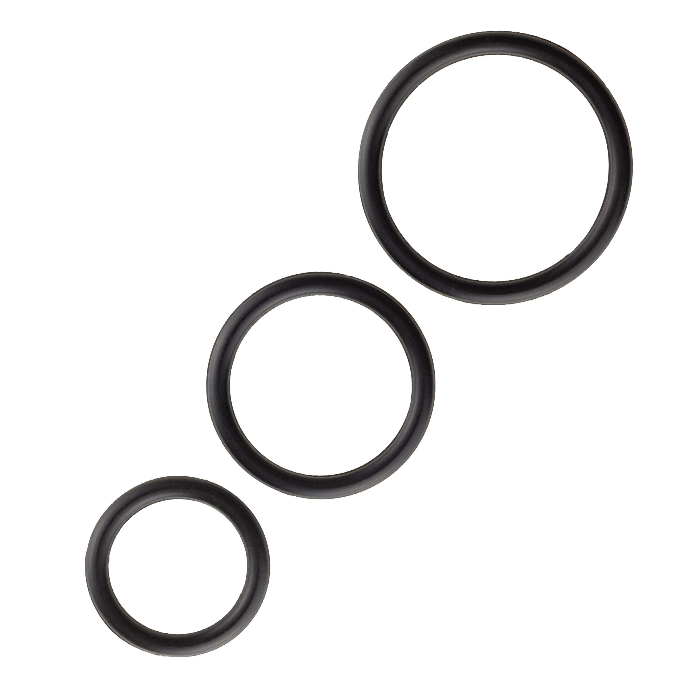 Drei schwarze Ringe unterschiedlicher Größe. Die Ringe sind aus Gummi oder einem ähnlichen Material gefertigt.