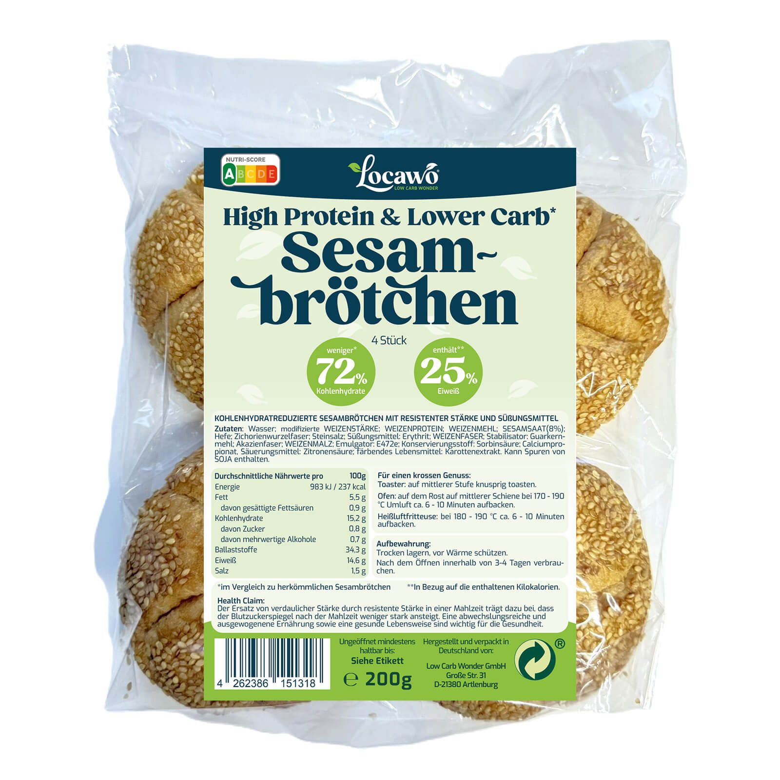 Locawo High Protein & Low Carb Sesambrötchen 200 g