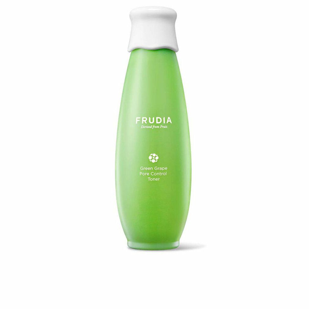 Grüne Frudia Flasche mit weißem Verschluss, "Green Grape Pore Control Toner" Aufschrift.