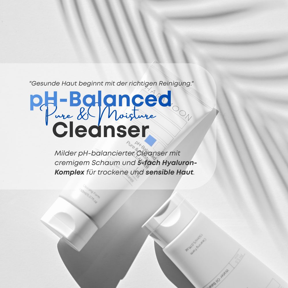 Tube mit Text. Text: pH-Balanced Pure & Moisture Cleanser. Milder pH-balancierter Cleanser. HARAMOON Logo.