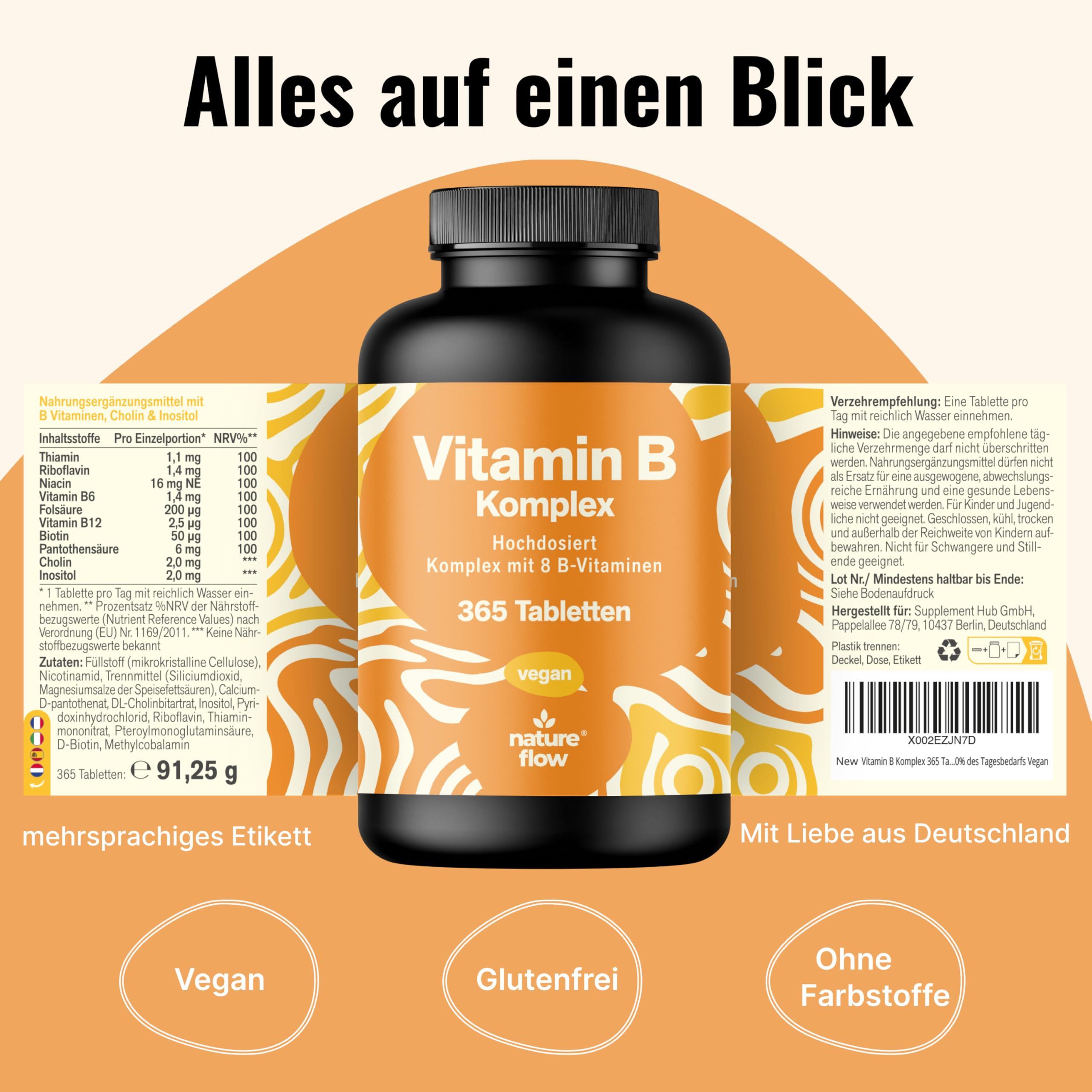 Produktflasche mit Etiketten. Beschriftung: Vitamin B Komplex, 365 Tabletten. Zusätzliche Informationen: Vegan, glutenfrei, ohne Farbstoffe. Mehrsprachiges Etikett.