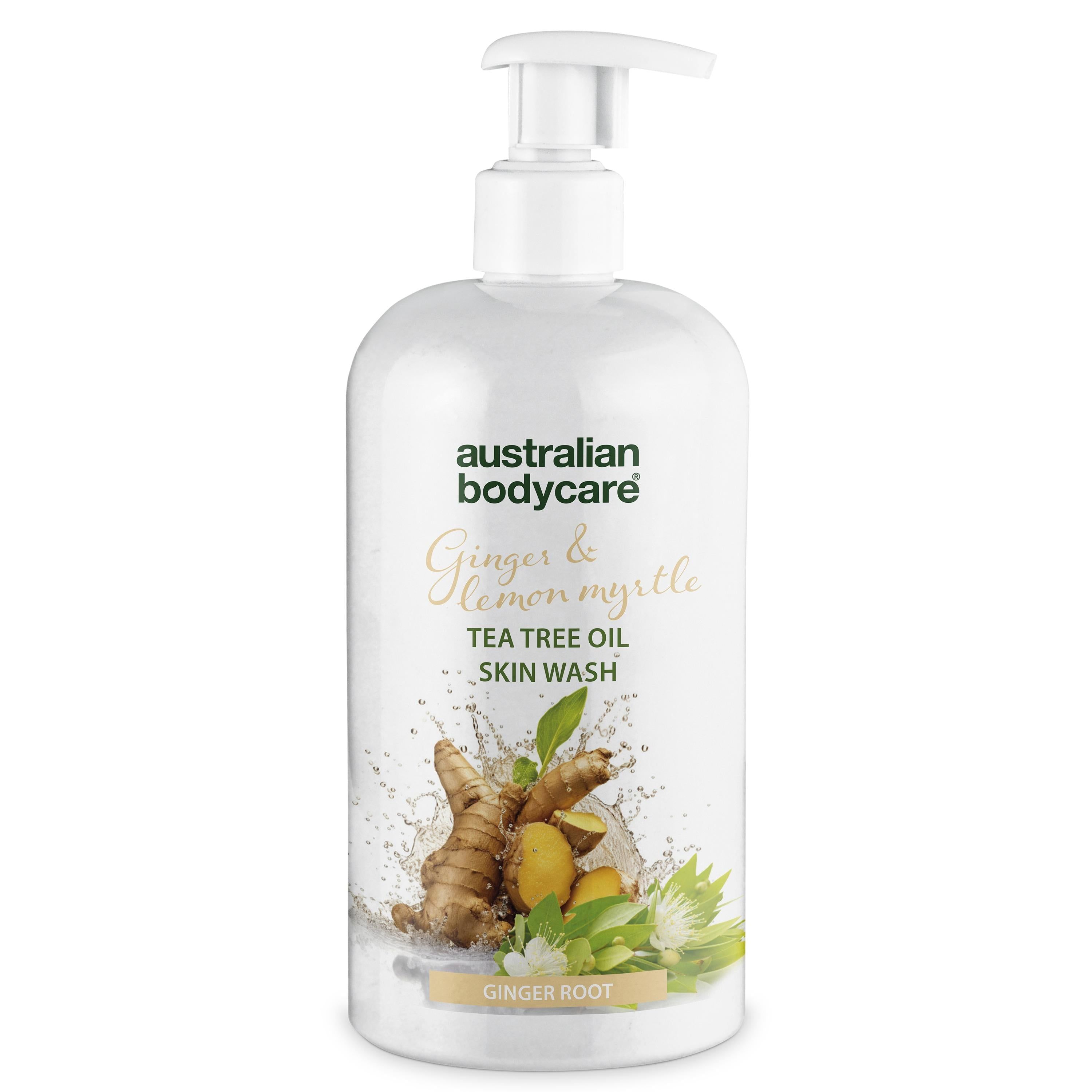 Weiße Flasche mit Pumpe. Aufschrift: Australian Bodycare, Ginger & Lemon Myrtle, Tea Tree Oil Skin Wash.