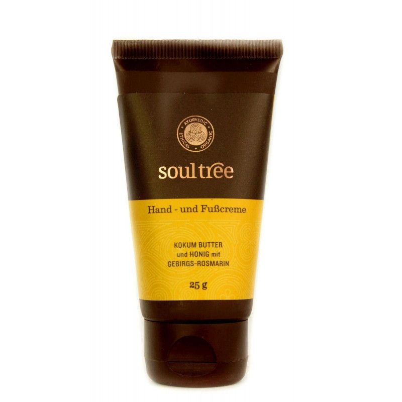 Braune Tube mit gelbem Etikett. Aufschrift: soultree, Hand- und Fußcreme, Kokum Butter und Honig mit Gebirgs-Rosmarin.