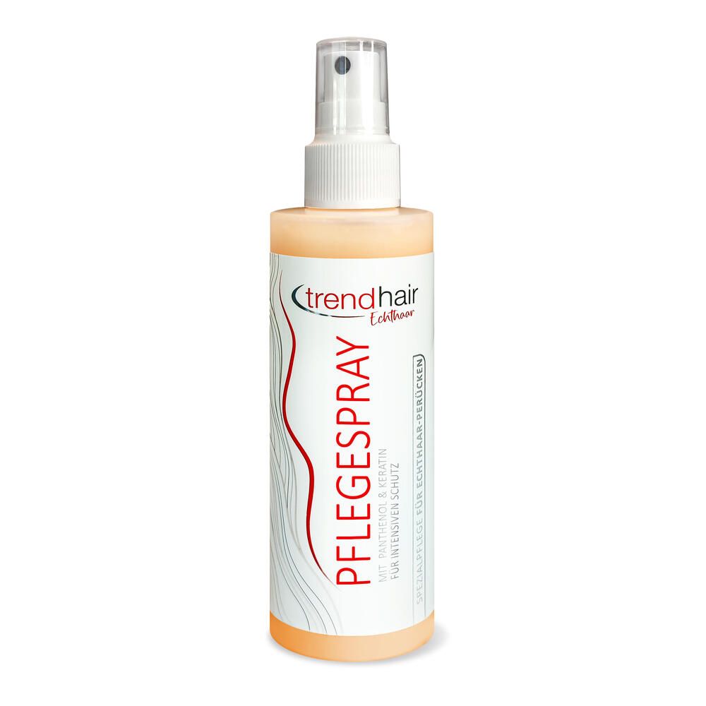 Sprühflasche mit Produktetikett. Aufschrift: Pflegespray, Trendhair Echthaar. Weißer Sprühkopf, transparente Flüssigkeit.