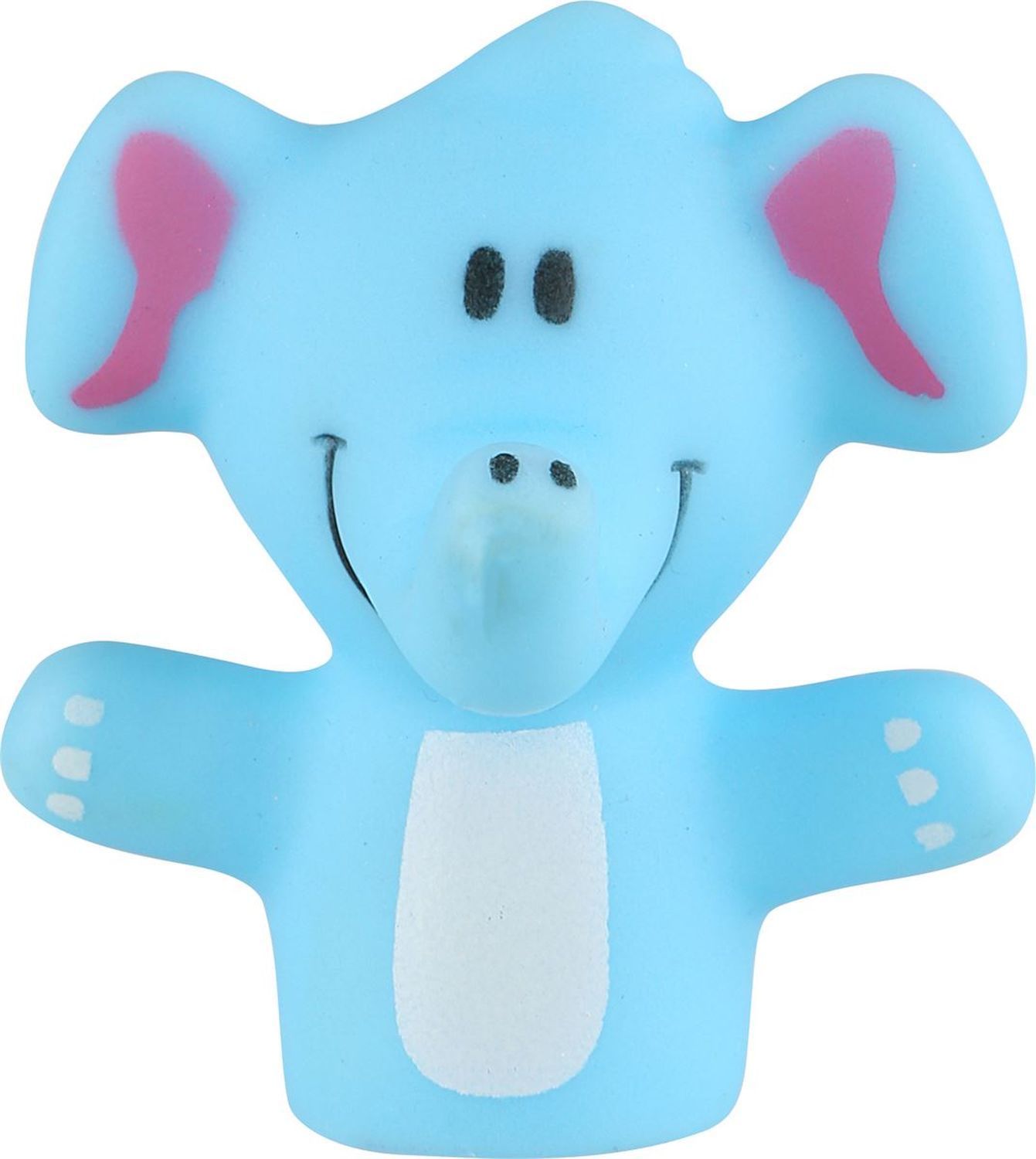 Blaue Elefanten-Fingerpuppe mit rosa Ohren. Gummi-Tierfigur mit schwarzem Gesicht und weißem Bauch.